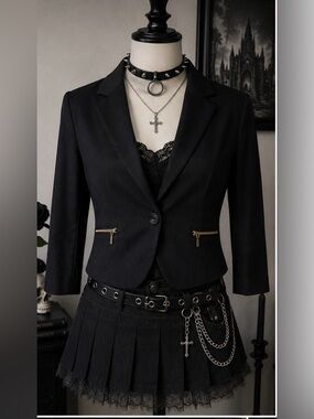 Y2K Cropped Blazer Black Zip Detail Career Goth Jacket L